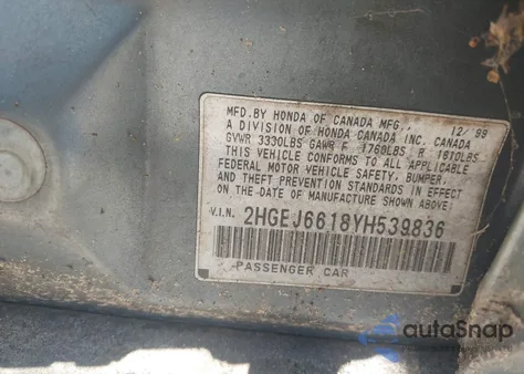 2000 Honda Civic Value Package from USA, damaged, VIN 2HGEJ6618YH539836